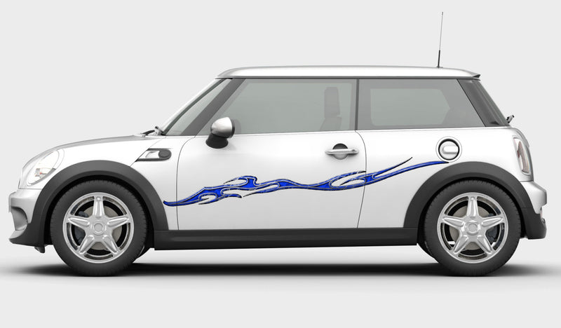 tempest lightning flames vinyl decals on the side of white mini cooper
